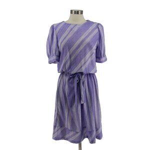 Vintage 80s Glamax Purple Striped Polyester Short Sleeve Belted Dress Size M